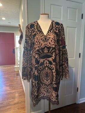 Alexia Admor Sz M Boho Velvet burnout Tunic Dress Beige Plum Teal & Black
